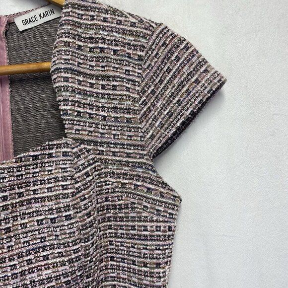 GRACE KARIN Cap Sleeve Queen Neck Tweed Body-con Pencil Dress Women Small Pink - Picture 15 of 16